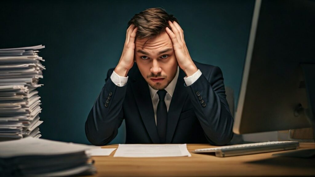 Stressed person at a cluttered desk