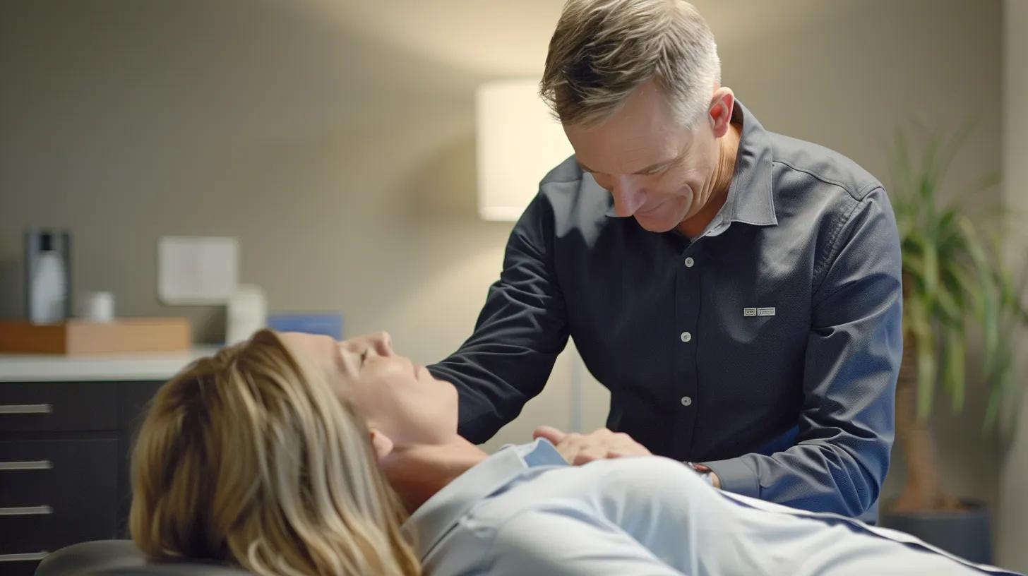 a focused chiropractor in a modern, well-lit office setting gently adjusts a patient on a treatment table, highlighting the professional and caring approach of drug-free pain relief.